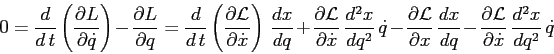 \begin{displaymath}
0=\frac d{d\,t}\left(\frac{\partial {L}}{\partial {\dot q}}\...
...{\cal L}}}{\partial {\dot x}}\,\frac{d^2{x}}{d{q}^2} \, \dot q
\end{displaymath}