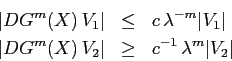 \begin{eqnarray*}
\vert DG^m(X)\, V_1\vert &\leq& c\, \lambda^{-m} \vert V_1\ver...
...\vert DG^m(X)\,V_2\vert &\geq& c^{-1}\, \lambda^m \vert V_2\vert
\end{eqnarray*}