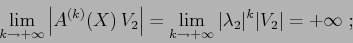 \begin{displaymath}
\lim_{k\to +\infty} \left\vert A^{(k)}(X)\,V_2\right\vert = ...
...\to +\infty} \vert\lambda_2\vert^k \vert V_2\vert =+\infty \ ;
\end{displaymath}