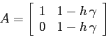 \begin{displaymath}A=\left[\begin{array}{cc}{1}&{1-h\,\gamma}\\
{0}&{1-h\,\gamma}\end{array}\right] \end{displaymath}