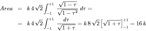 \begin{eqnarray*}Area&=& k\,4\,\sqrt{2} \int_{-1}^{+1}\; \frac{\sqrt{1-\tau}}{\s...
...}}= k\,8\,\sqrt{2} \left[ \sqrt{1+\tau}\right]_{-1}^{+1}= 16\, k \end{eqnarray*}
